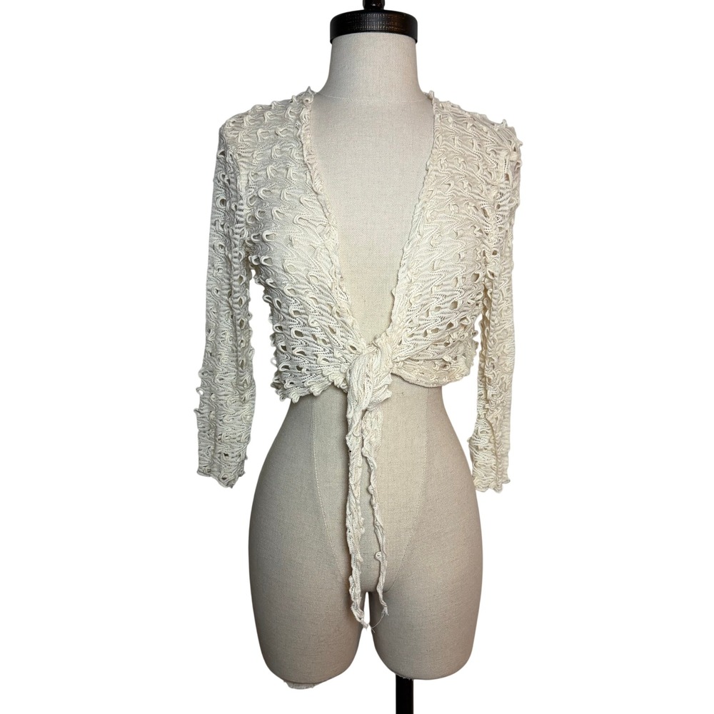 Crochet Bolero Shrug Cardigan Sz Large White Cream Tie Front Boho Preppy Cropped